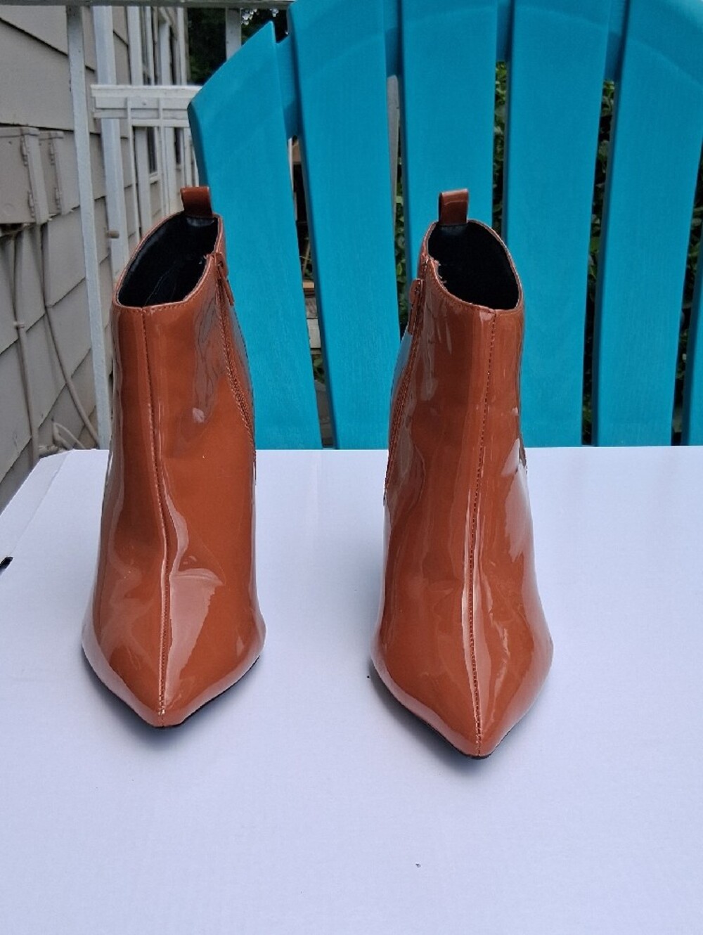 Patent Leather Pointed Toe Block Heel Ankle Boots - Tan - Picture 2 of 6